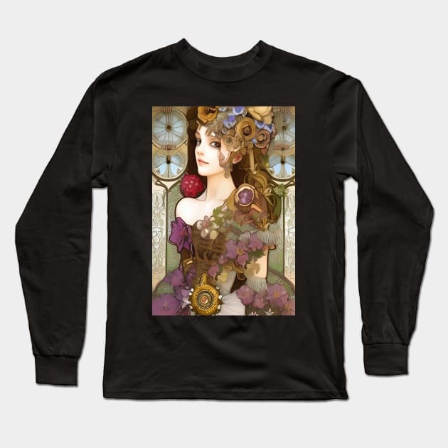 Victorian Gothic Girl Floral Steampunk Long Sleeve T-Shirt by ZiolaRosa